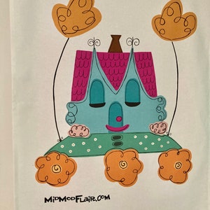 Mid Century Style Kitchen Tea Towel Original Art Printed on Natural Cotton 20x26 Retro Mary Blair-inspired The Little House Illustration