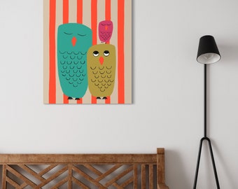 Mid Century Owl Art inspired Illustration Style "Owl Be Seeing You" Floral Giclée Prints Retro Original Artist