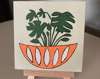 Mid Century Inspired Illustration Art Small Painting 4x4 with Easel Original Hand Painted   "Monstera in Cathrineholm"  Orange Bowl