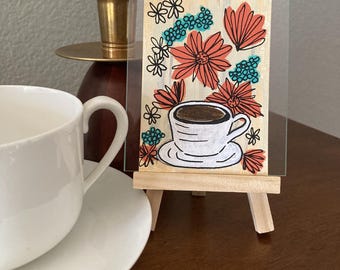 Collectible Trading Card Art Artist Card Edition Original ACEO "Coffee Time" 2.5" x3.5" Hand Painted Acrylic Small Art