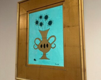 Mid Century Gold Turquoise Flowers in Vase Art inspired Illustration Style "Moonglow" 1960s Giclée Prints Retro Original Artist