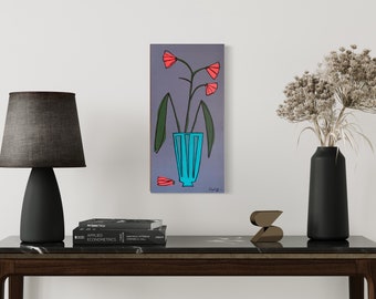 Mid Century Style Original Art Print Illustration inspired "Turquoise Vase #1" Retro Nostalgic Flower in Vase Archival Paper Canvas