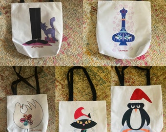 Mid Century Inspired Art Canvas Tote Bags Christmas Bewitched Peace Dove I Dream of Jeannie 2 sizes SALE