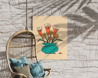 Mid Century Inspired Art Illustration 1960s Style "Orange Lilies" Giclée Flower Prints Retro Original Art Various sizes Print Poster