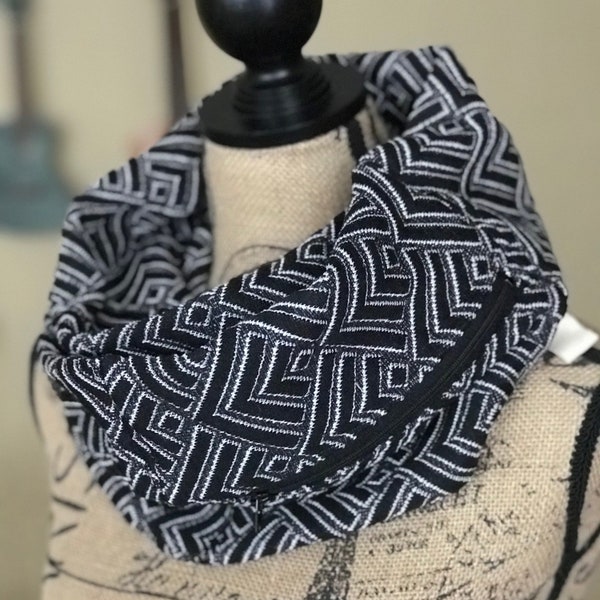 Black & White Hidden Pocket Scarf, Dressy Infinity Scarf, Gift for University Student, Unique Gift, Walking Accessory, Passport Scarf