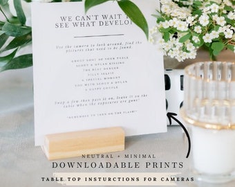 Cartões para impressão de mesa com instruções para câmera descartável - Dicas para fotos de casamento