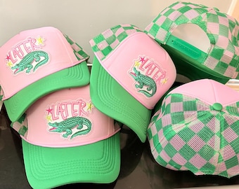 Later Gator Pink and Green Checkered Trucker Hat Trendy
