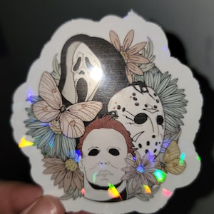 Michael myers, scream and Jason floral Halloween holographic sparkly sticker