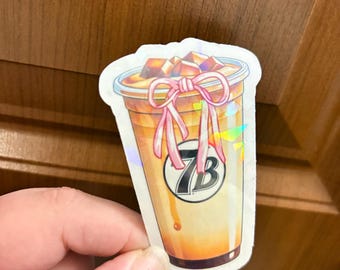 Holographic 7 Brew Coffee Coquette Bow Sticker: Waterproof Car Decal