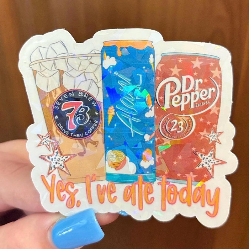 Holographic 7 Brew Coffee, Alani energy drink, Dr Pepper Sticker: Waterproof Car Decal image 1