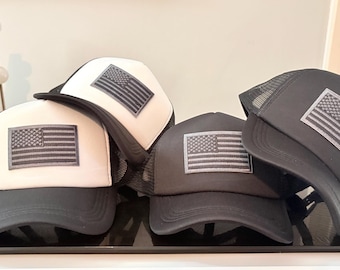 Grey And Black American Flag Trucker Hat Trendy