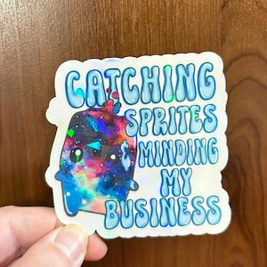 May include: A die-cut sticker featuring a holographic, galaxy-patterned creature with a small heart on top. The text reads CATCHING SPRITES & MINDING MY BUSINESS in a light blue, bubbly font with a white outline against a white background.