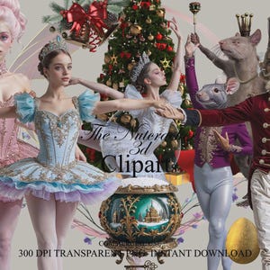 May include: A digital illustration featuring characters from The Nutcracker ballet. The image includes ballerinas in pink and blue tutus, a Christmas tree, a nutcracker, and a rat king. Text on the image reads "The Nutcracker 3d Cliparts".
