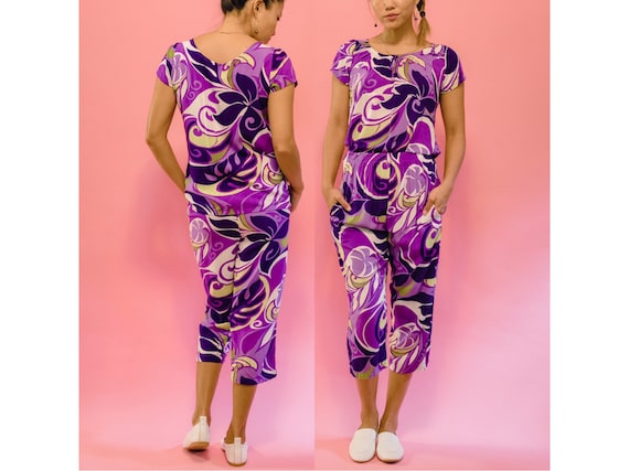 Groovy vintage purple tropical swirl print top an… - image 1