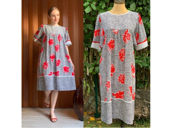 Vintage 80’s black and white polka dot and red flo