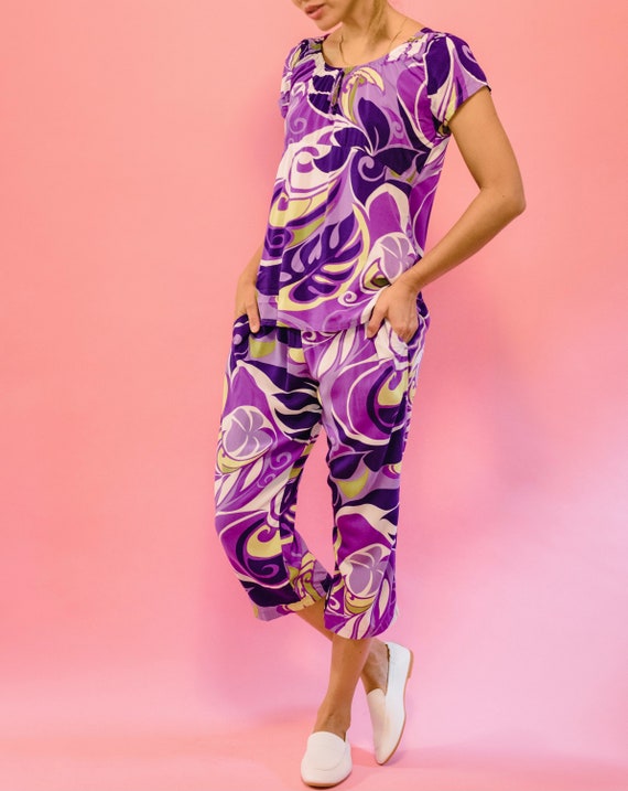 Groovy vintage purple tropical swirl print top an… - image 2