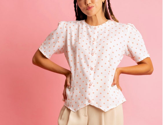 Retro 80’s vintage puff sleeve button down blouse… - image 1