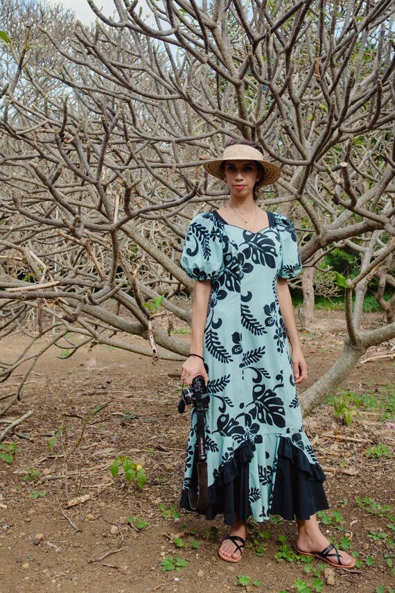 Vintage Teal and Black Long Muumuu With 