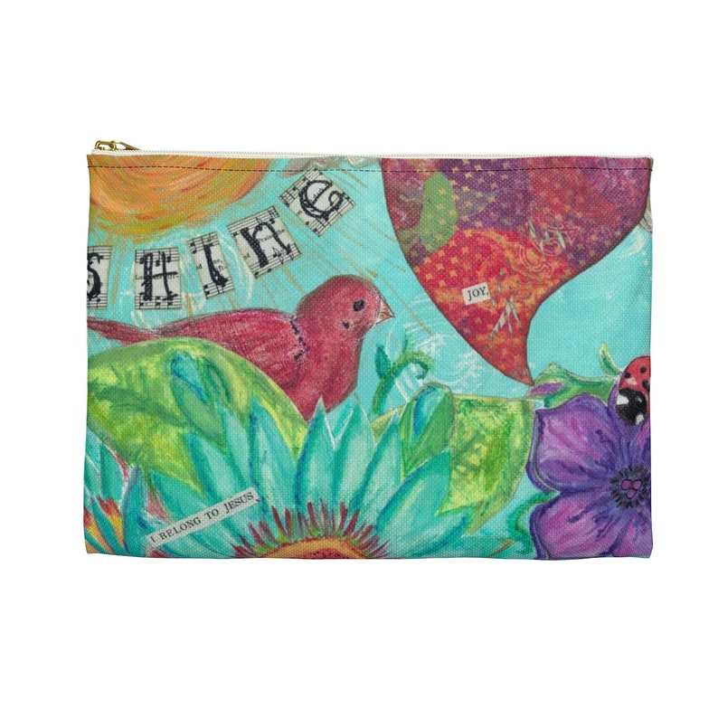 Mixed Media make-up bag Accessory Pouch Graduation Gift Pencil bag w flower and Bird Inspirational Gifts