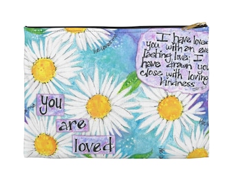 Daisy Accessory Pouch, Womens retreat gifts, Make up bag, Pencil Bag, Coin purse w Daisies, Inspirational gifts, Jeremiah 31:3,