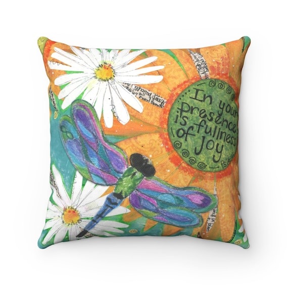 Pillow w Dragonfly, Square Pillow Case, Decorative Bed Pillow, Couch Pillow w Sunflower,