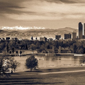 Denver Skyline Colorado Rocky Mountains City Park Photography Sepia Canvas Metal Print Livingroom Bedroom Wall Art Poster Decor Gift Present