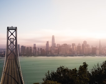 San Francisco Skyline Bay Bridge Fog Northern California Canvas Print Metal Chain Cityscape Landmark Bedroom Livingroom wall art decor home