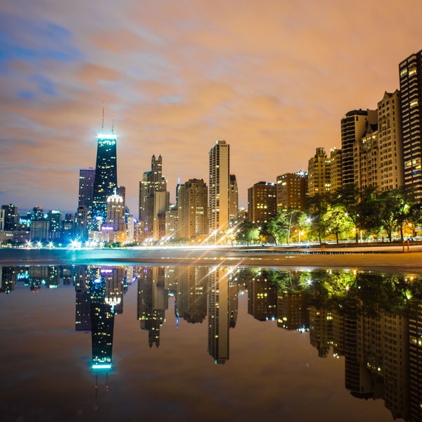 Lake Shore Drive Chicago Skyline Doek Fotografie Hancock Building Illinois Downtown Oriëntatiepunt Metalen Print Woonkamer Slaapkamer Lake Michigan