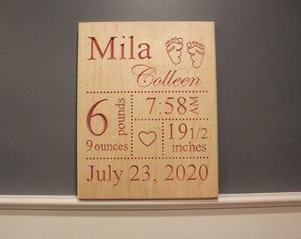 Custom Engraved Baby Birth Announcement Sign - Solid Maple