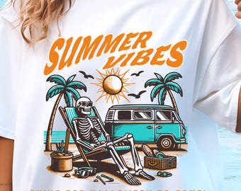 Summer Vibes Skeleton PNG | Halloween Beach Clipart | Retro Spooky Summer Sublimation Design | Skeleton on Vacation | Digital Download