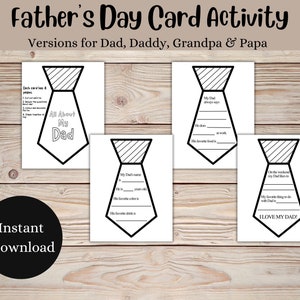 Activité de carte imprimable de cravate de fête des pères, artisanat pour enfants pour papa et grand-père, activité de coloriage pour la fête des pères