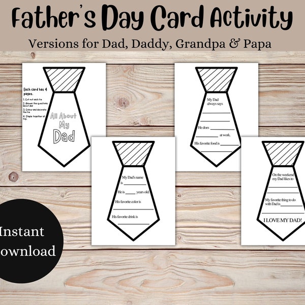 Father's Day Tie Printable Card Activity, Kids Craft for Dad and Grandpa, Coloring Activity for Father's Day