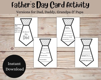 Father's Day Tie Printable Card Activity, Kids Craft for Dad and Grandpa, Coloring Activity for Father's Day