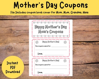 Printable Mother's Day Coupon Booklet, Handmade gift for Mom, Blank Coupon Activity to give to Mom