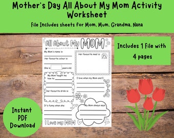 Mother's Day Activity Worksheet - All About Mom / Mum / Nana / Grandma, Handmade Gifts & Keepsake for Kids to Celebrate Mom