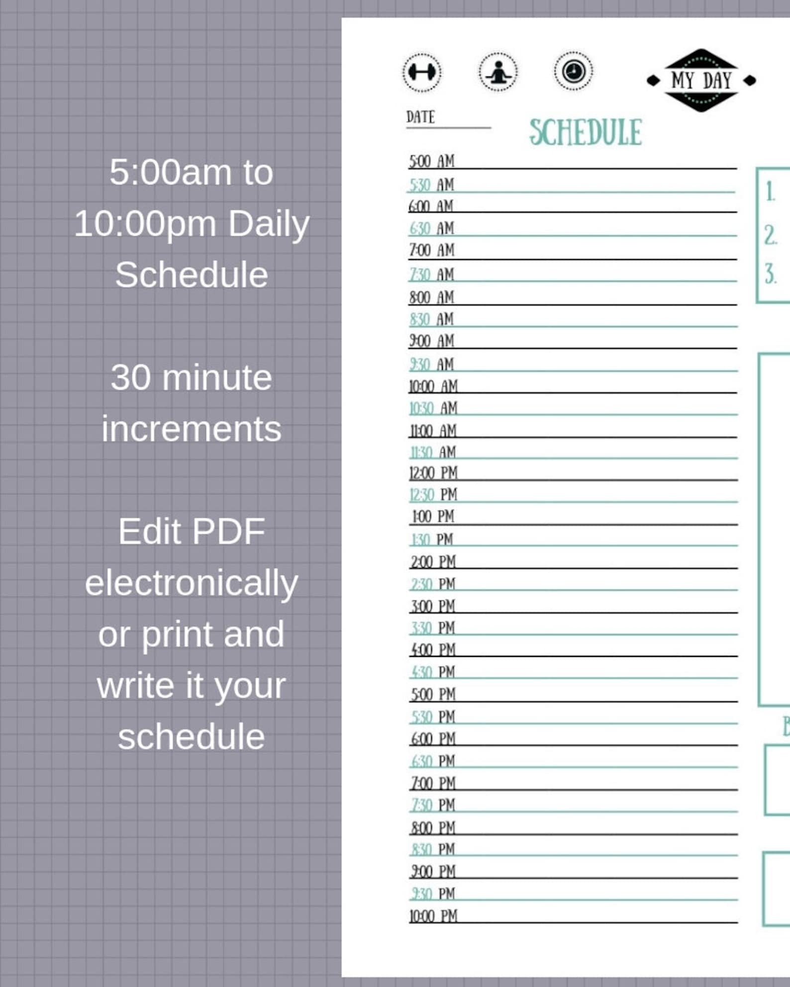 DAILY SCHEDULE Printable 5am 10pm With 30 Minute Increments Etsy Canada
