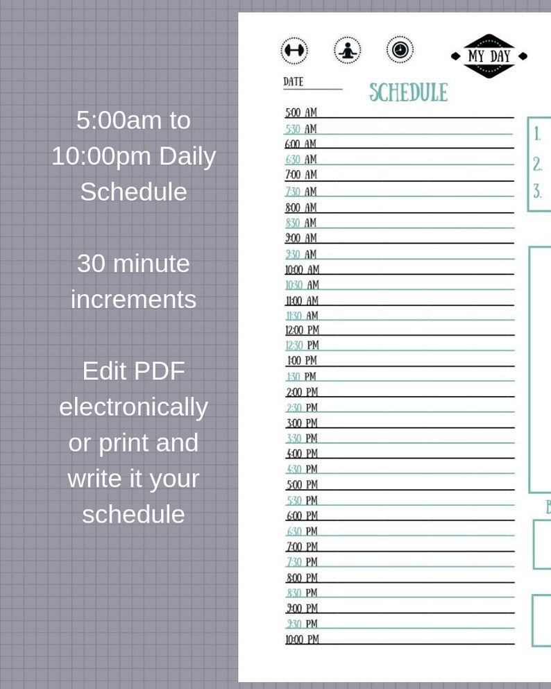 DAILY SCHEDULE Printable 5am-10pm with 30 minute increments | Etsy