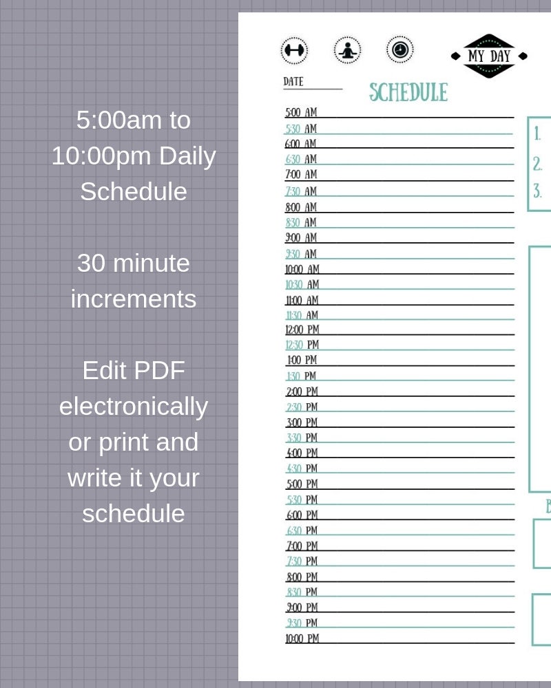 DAILY SCHEDULE Printable 5am10pm with 30 minute increments Etsy España