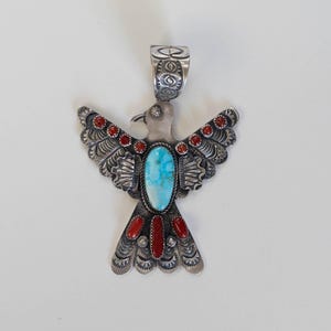 Kingman Turquoise Thunderbird Pendant: Coral Accent, Richard Yazza Artist