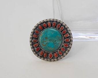 Kingman Turquoise Ring: Coral Trim, Adjustable Size 8