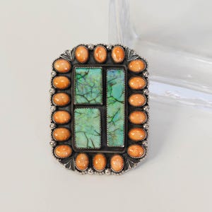 Spiny Oyster & Green Opal Ring - Myron Etsitty Adjustable Ring
