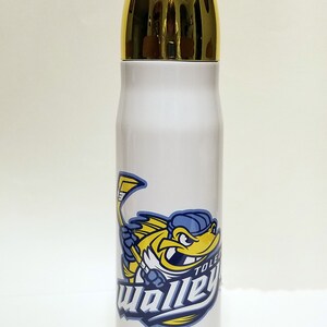 May include: White insulated water bottle with a gold bullet-shaped lid. The bottle features a cartoon fish mascot with a hockey stick and the text "Walleye" and "Toledo" on the side.