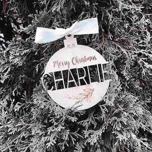 Custom engraved name cut out acrylic christmas ornament natural wood design -custom holiday decoration