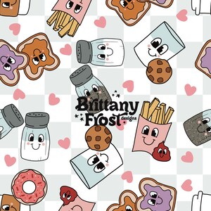 May include: A seamless pattern featuring various food items with cute faces, including a glass of milk, a donut, french fries, salt shakers, and toast with peanut butter and jelly. The pattern is on a white background with pink hearts.