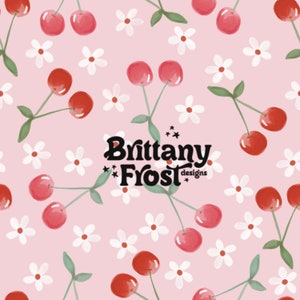 May include: A seamless pattern featuring red cherries and white daisies on a light pink background. The text "Brittany Frost designs" is centered on the pattern.