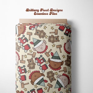 May include: A seamless pattern featuring a beige background with red and green elf illustrations, brown teddy bears, red toy trains, and wooden mallets. The pattern is perfect for holiday crafts and projects.