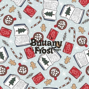 May include: A seamless pattern featuring a wintery theme with illustrations of books, mugs of hot chocolate, gingerbread men, candy canes, and snowmen. The pattern is on a light blue background with white polka dots.