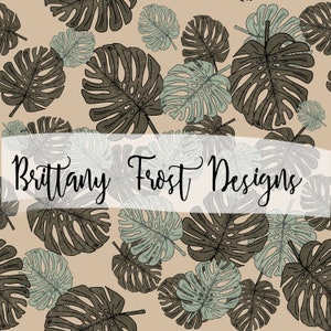 May include: A repeating pattern of stylised Monstera leaves in brown and muted green on a beige backdrop. The image includes the text "Brittany Frost Designs" in a cursive font, overlaid on the design.