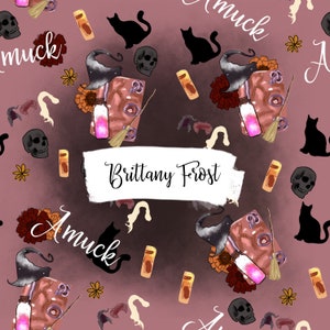 May include: A seamless pattern featuring a witch's hat, a black cat, a potion bottle, and the text "Amuuck" and "Brittany Frost" on a pink background.