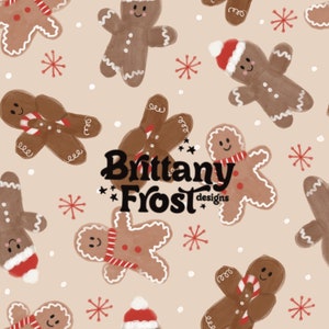 May include: A seamless pattern featuring gingerbread men with red and white icing, candy canes, and snowflakes on a beige background. The text "Brittany Frost designs" is in the center of the pattern.
